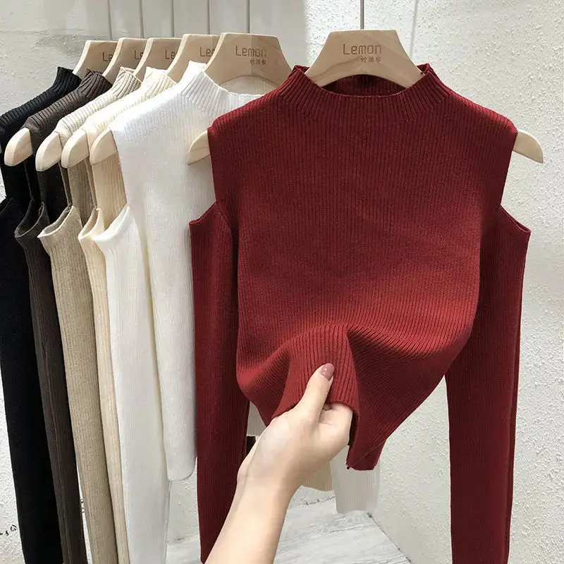 Women's Knitted Sweater Shoulder-baring Long Sleeve Slimming Base Layer Top Pure Color Autumn Winter New Style Crew Neck