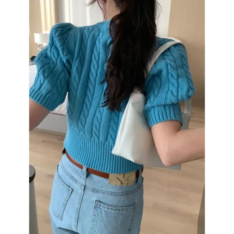 Fashionable Hot Sale Of The Season Women's Crew Neck Short Sleeve Knitted Sweater Bubble Sleeve Twist Knit Top Versatile Spring