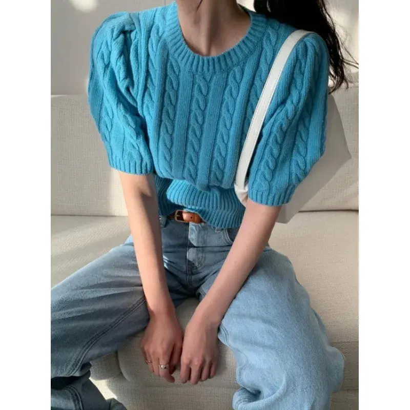 Fashionable Hot Sale Of The Season Women's Crew Neck Short Sleeve Knitted Sweater Bubble Sleeve Twist Knit Top Versatile Spring