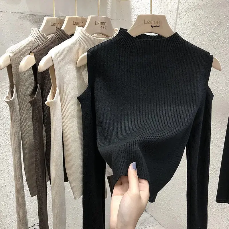 Women's Knitted Sweater Shoulder-baring Long Sleeve Slimming Base Layer Top Pure Color Autumn Winter New Style Crew Neck