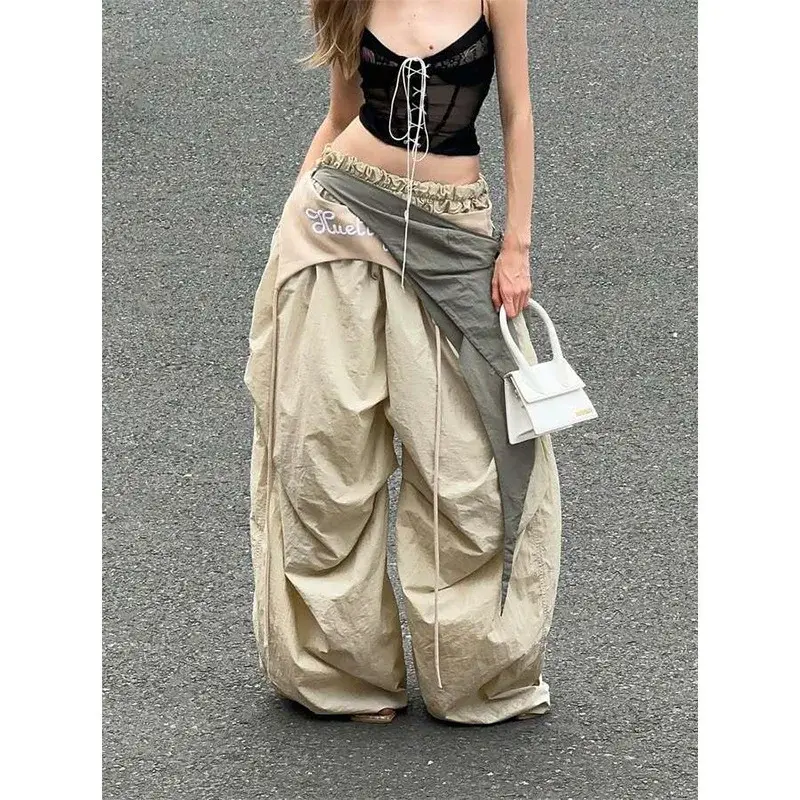 American Style Fashionable Patchwork Scarf Design Work Pants Street Style Summer Long Trousers for Women Layered Wear
