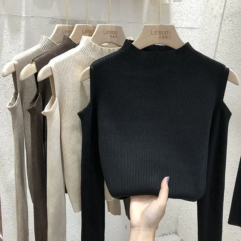 Women's Knitted Sweater Shoulder-baring Long Sleeve Slimming Base Layer Top Pure Color Autumn Winter New Style Crew Neck