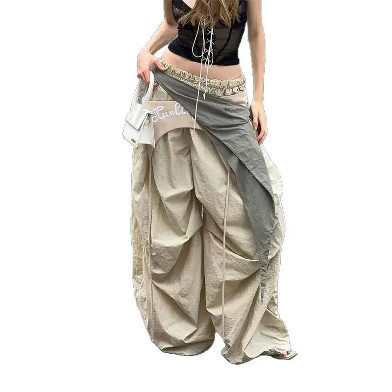 American Style Fashionable Patchwork Scarf Design Work Pants Street Style Summer Long Trousers for Women Layered Wear