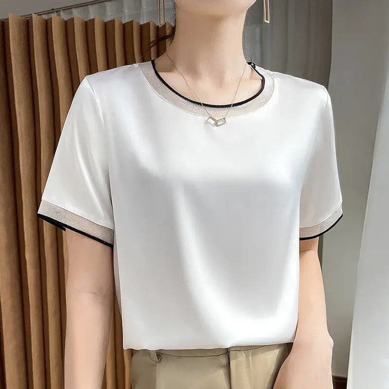Acetate Satin Short Sleeve Crew Neck T-Shirt Versatile Summer New Style Pure Color Block Design Top for Women from Mainland Chin