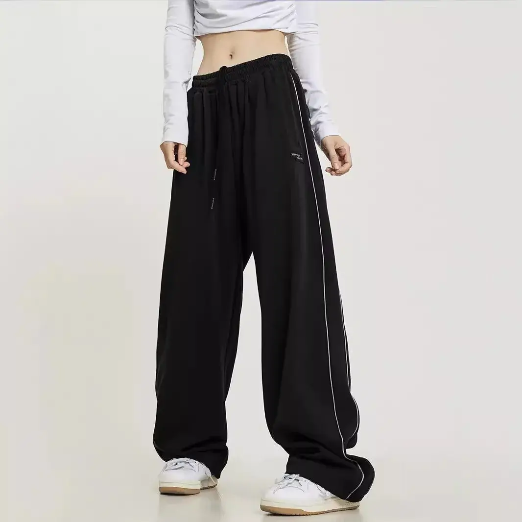 Casual Loose American Retro Striped Sports Pants Men's Women's Floor-Length Wide Leg Casual Trousers High Waist Sweatpants Drape