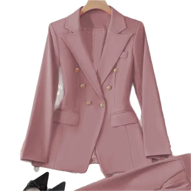 Slim Fit Double Breasted Ladies Suit Jacket Thin Commuter Style Waist Cinching Outerwear V Neck Full Sleeve Elasticated Cuff