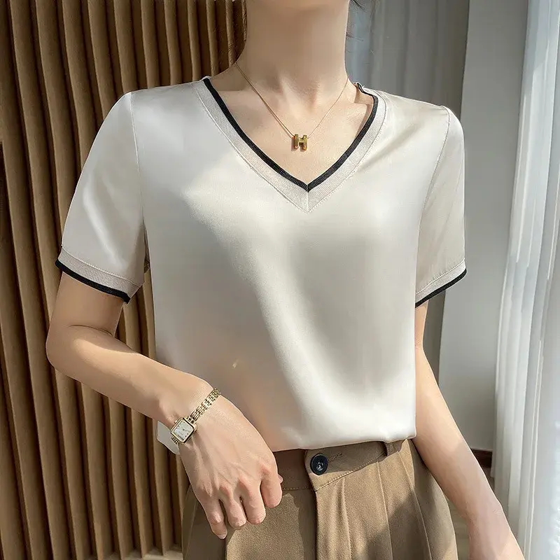 Acetate Satin Short Sleeve Crew Neck T-Shirt Versatile Summer New Style Pure Color Block Design Top for Women from Mainland Chin