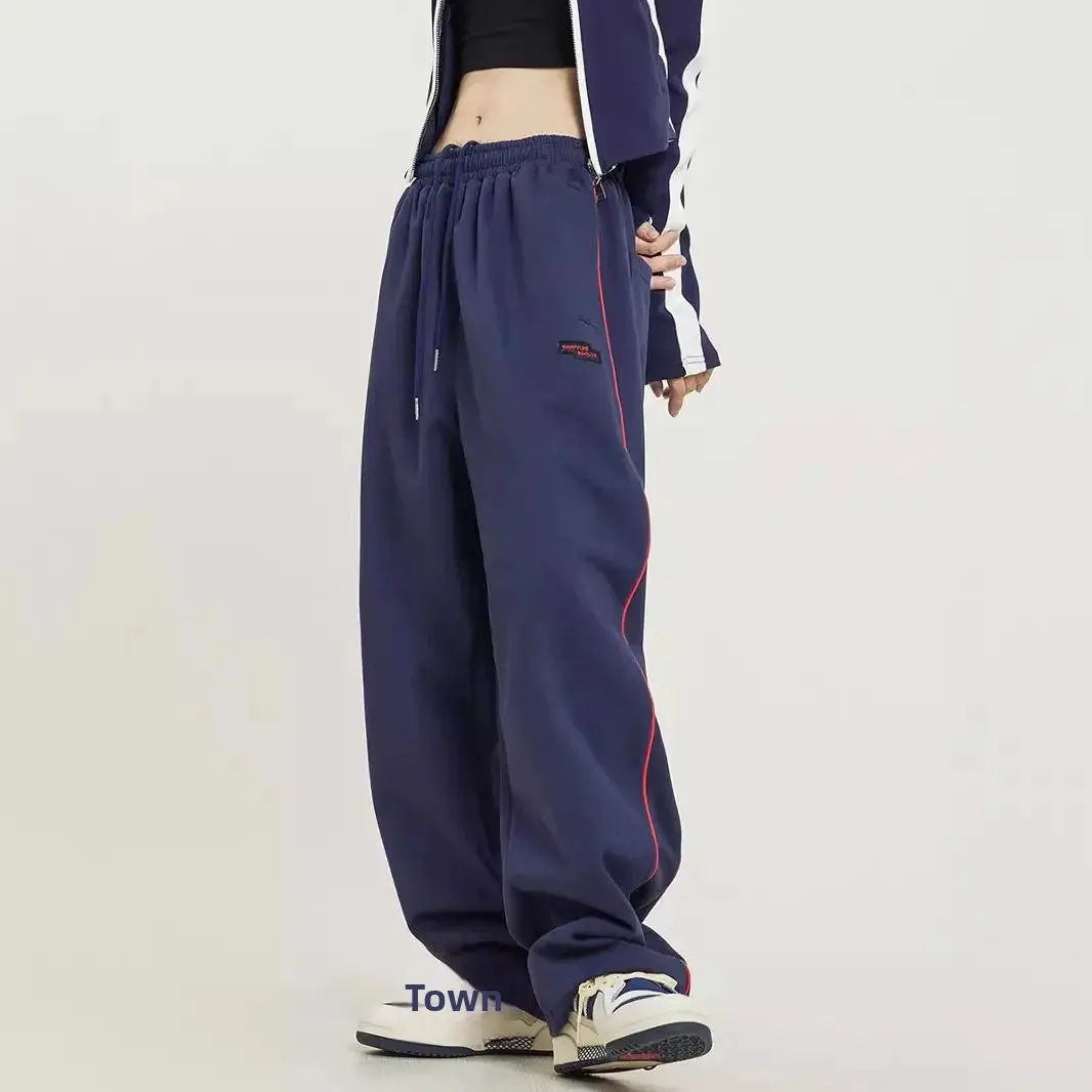 Casual Loose American Retro Striped Sports Pants Men's Women's Floor-Length Wide Leg Casual Trousers High Waist Sweatpants Drape