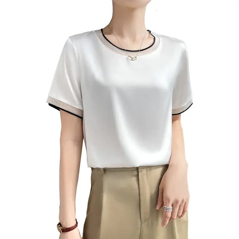 Acetate Satin Short Sleeve Crew Neck T-Shirt Versatile Summer New Style Pure Color Block Design Top for Women from Mainland Chin
