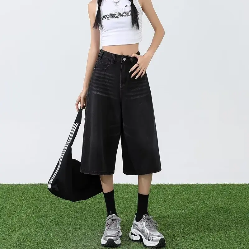 American Retro Light Blue Denim Seven-Foot Women's Summer Loose Wide Leg Five-Foot Straight Short Pants Straight Shorts