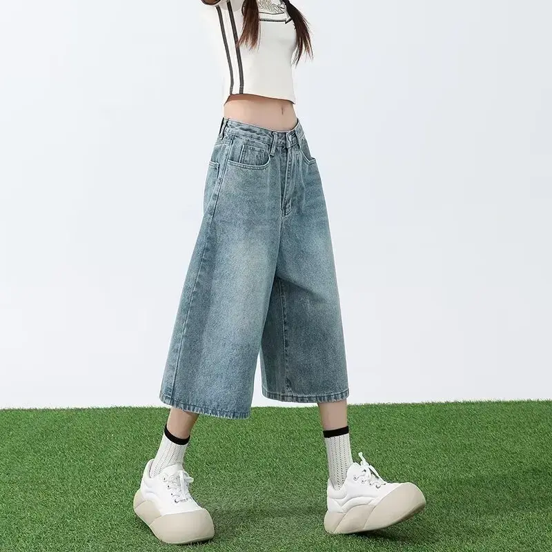 American Retro Light Blue Denim Seven-Foot Women's Summer Loose Wide Leg Five-Foot Straight Short Pants Straight Shorts