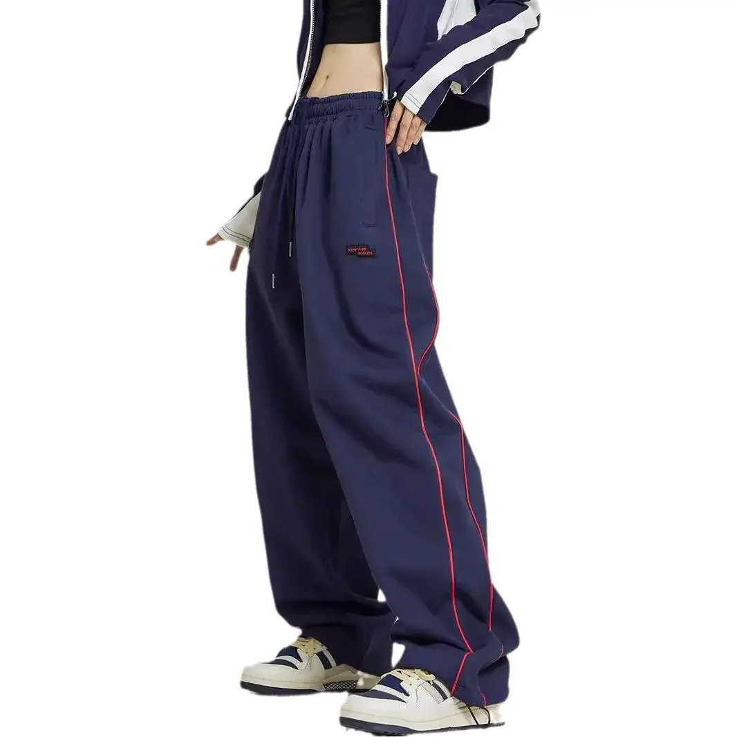 Casual Loose American Retro Striped Sports Pants Men's Women's Floor-Length Wide Leg Casual Trousers High Waist Sweatpants Drape