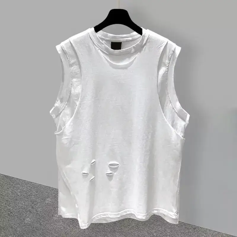 Casual Trendy High Street Sports Shoulder Vest Top Korean Style Men's Summer Tank Top White Short Sleeves