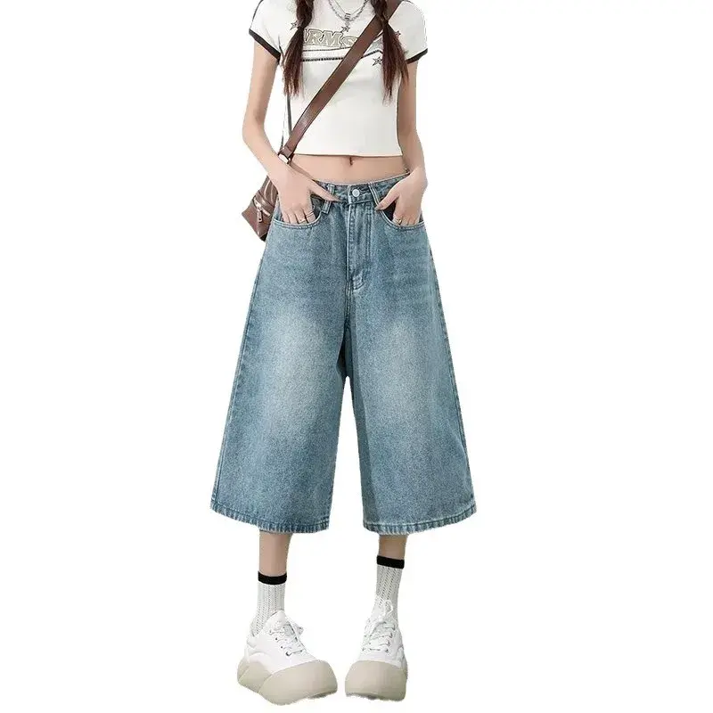 American Retro Light Blue Denim Seven-Foot Women's Summer Loose Wide Leg Five-Foot Straight Short Pants Straight Shorts