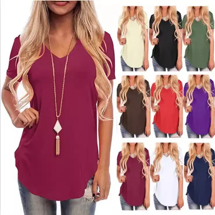 Fashionable V-neck Short-sleeved Loose T-shirt Tailored Design Spring Summer New Arrival for Women Comfortable Breathable Cotton