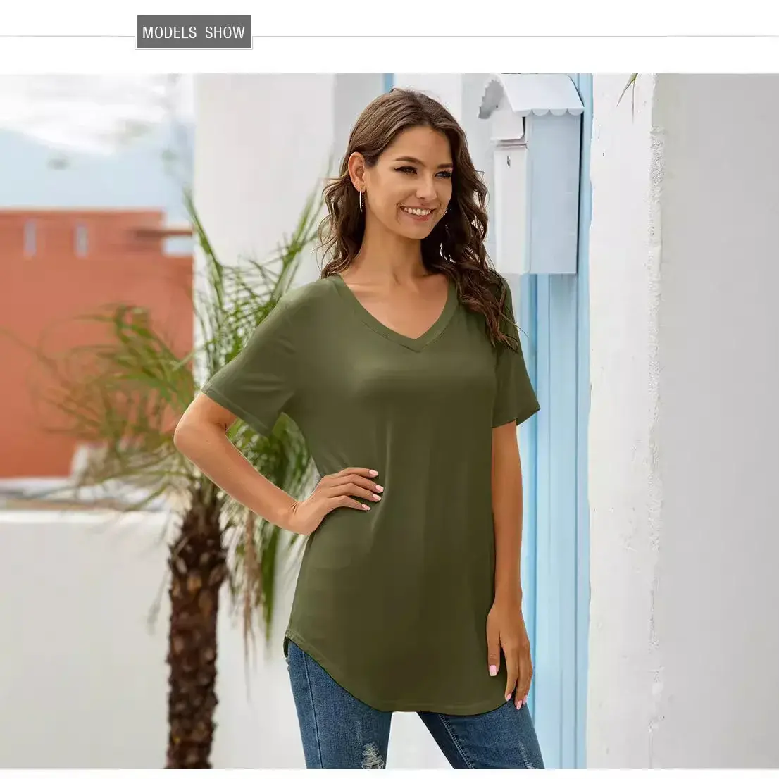 Fashionable V-neck Short-sleeved Loose T-shirt Tailored Design Spring Summer New Arrival for Women Comfortable Breathable Cotton
