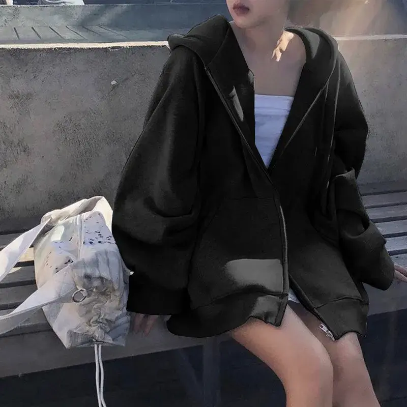Gray Hooded Sweatshirt Women's New Loose Fleece Casual Sports Jacket Spring Autumn Long Sleeve Zipper Open Cardigan Top