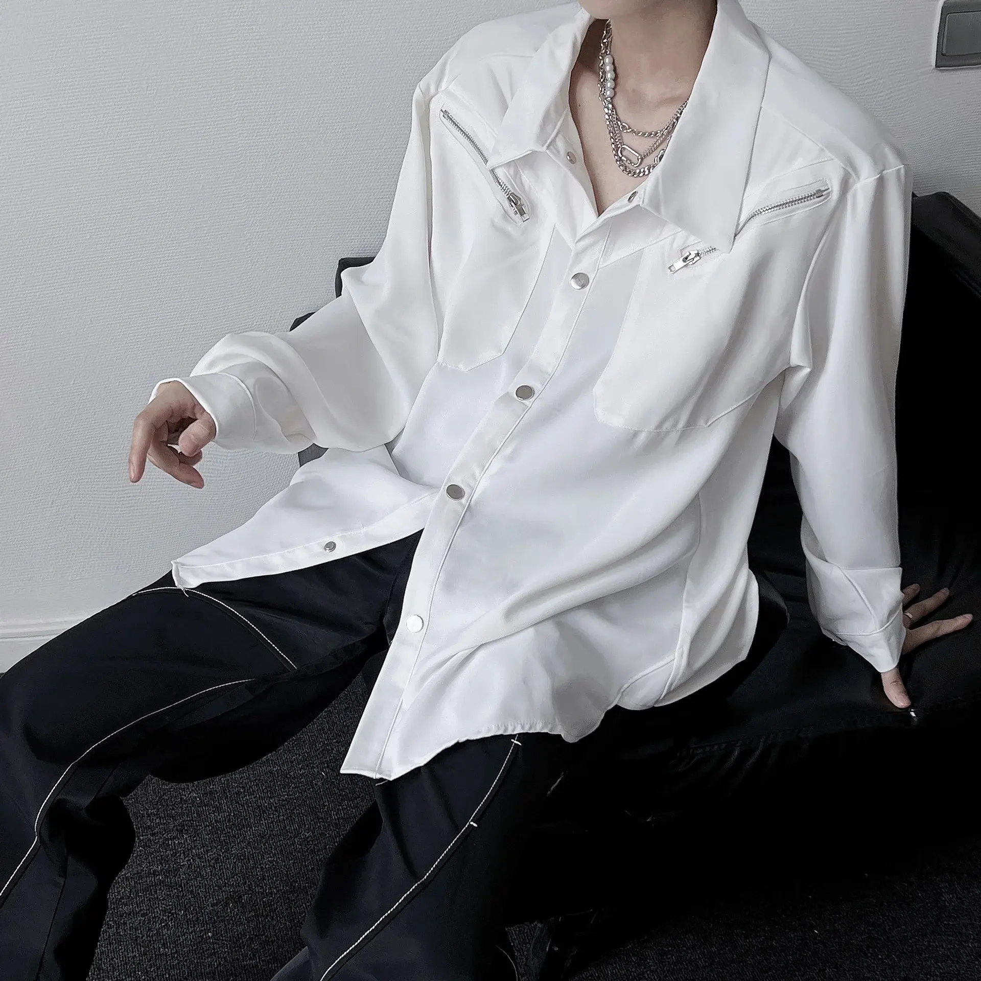 2023 Spring Summer Niche Desire Zipper Shirt Men Women's Solid Color Casual Fashion Design Sensibility Draped Loose-fit Shirt
