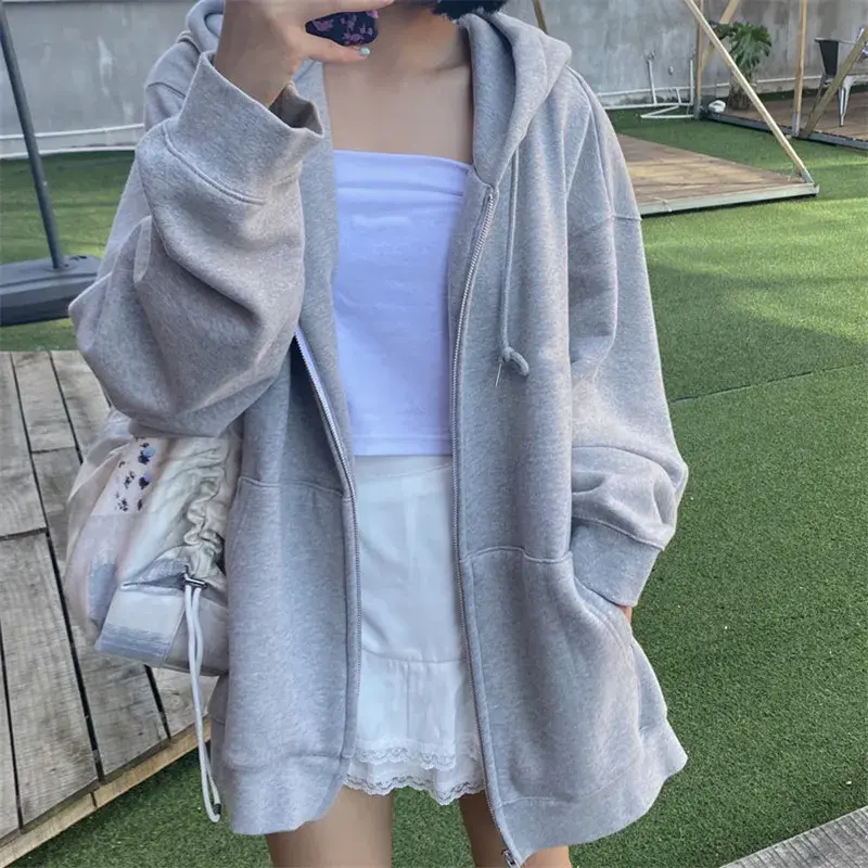 Gray Hooded Sweatshirt Women's New Loose Fleece Casual Sports Jacket Spring Autumn Long Sleeve Zipper Open Cardigan Top