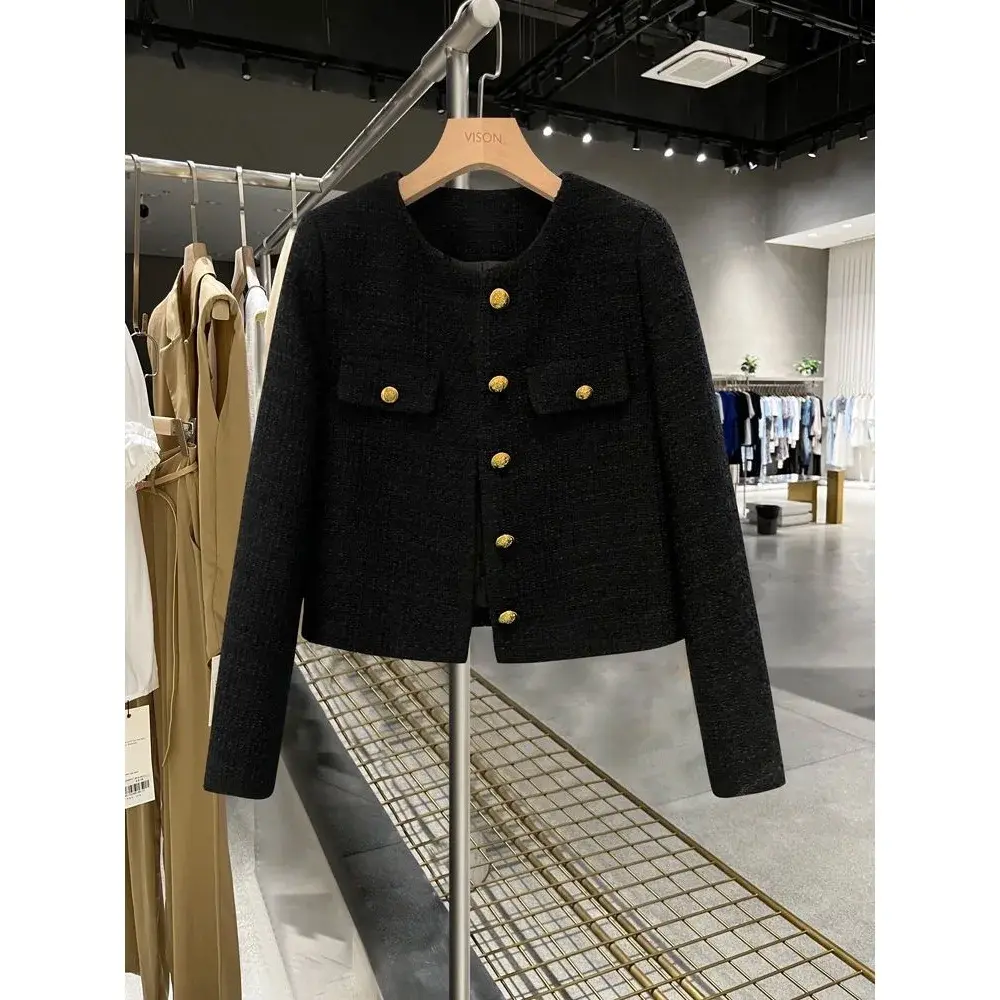 Black Fluffy Lined Crew Neck Short Jacket French Style Thick Tweed Top for Small Stature Hot Sale Of The Season New Arrival Prem