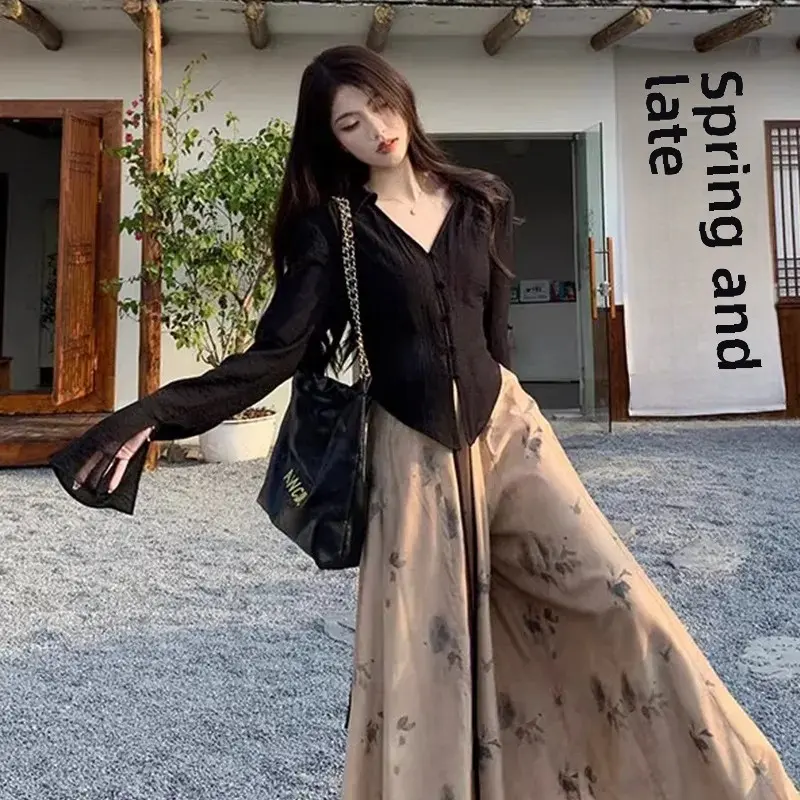 New Chinese Style Long Sleeve Shirt Women's Clothing Summer Cool Zen Atmosphere Top Outerwear Polyester Fiber Bell Sleeve Stand