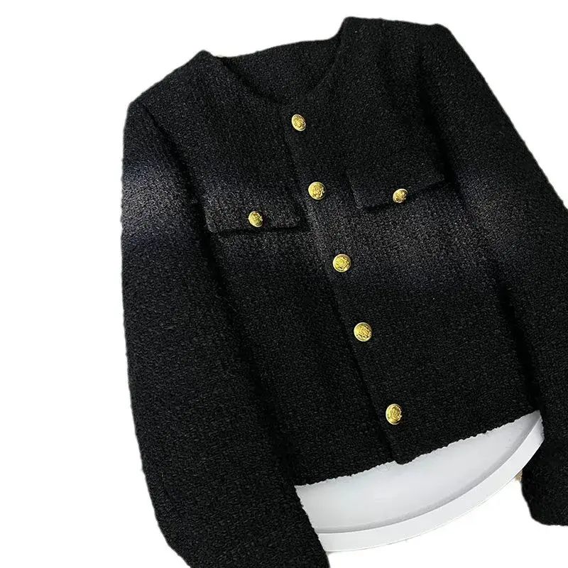 Black Fluffy Lined Crew Neck Short Jacket French Style Thick Tweed Top for Small Stature Hot Sale Of The Season New Arrival Prem