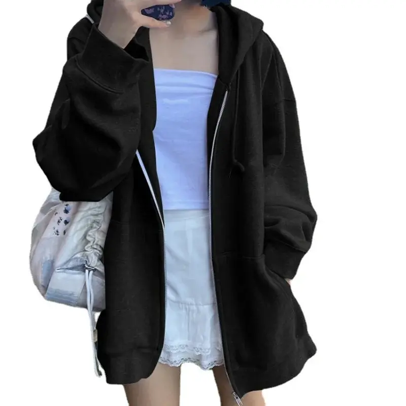 Gray Hooded Sweatshirt Women's New Loose Fleece Casual Sports Jacket Spring Autumn Long Sleeve Zipper Open Cardigan Top