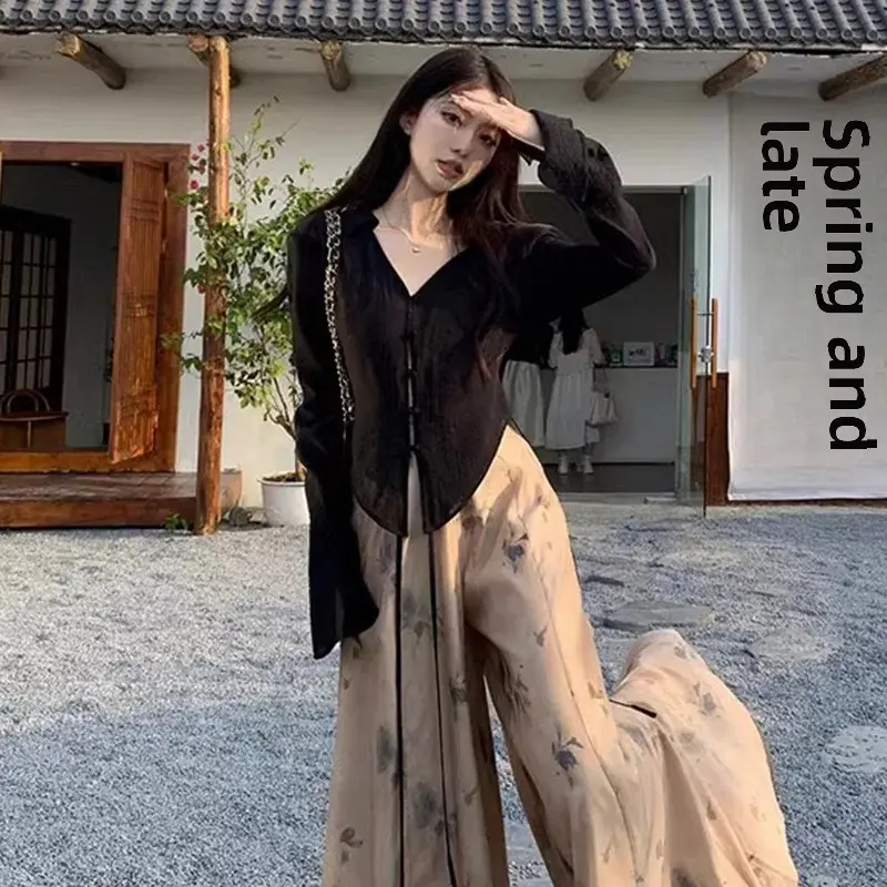 New Chinese Style Long Sleeve Shirt Women's Clothing Summer Cool Zen Atmosphere Top Outerwear Polyester Fiber Bell Sleeve Stand