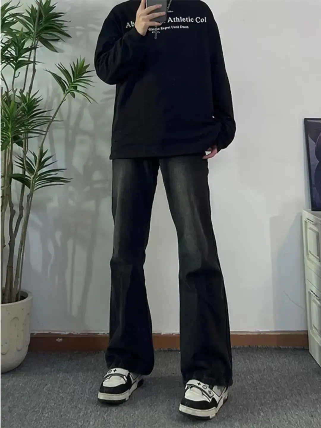 Black Gradient Straight-leg Micro-flared Jeans For Men Trendy Brand Hipster Pants American Style Street Vintage Vibetrousers