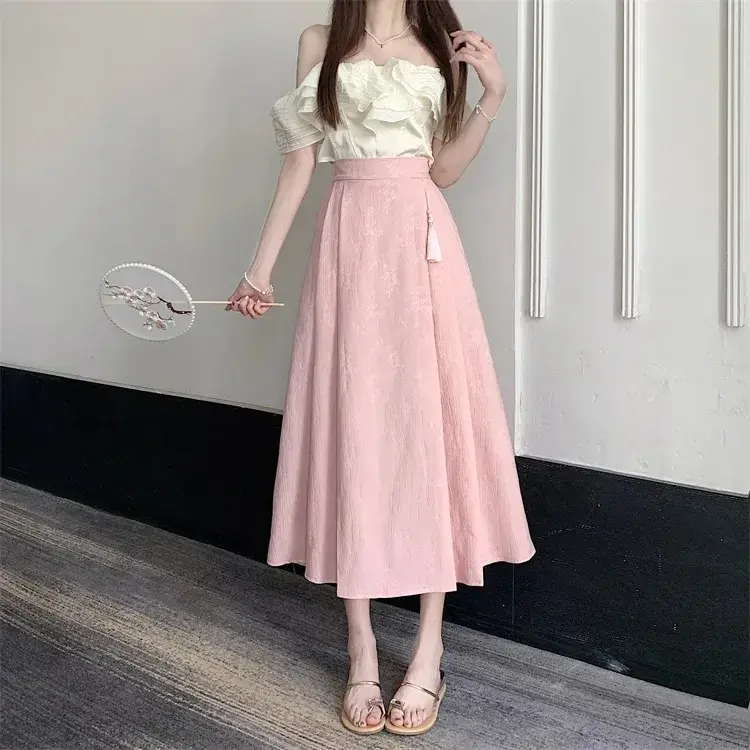 2024 Summer New Chinese Style High-waisted Jacquard Skirt Elastic Waist Elegant Slimming Pleated Skirt Fashionable Version