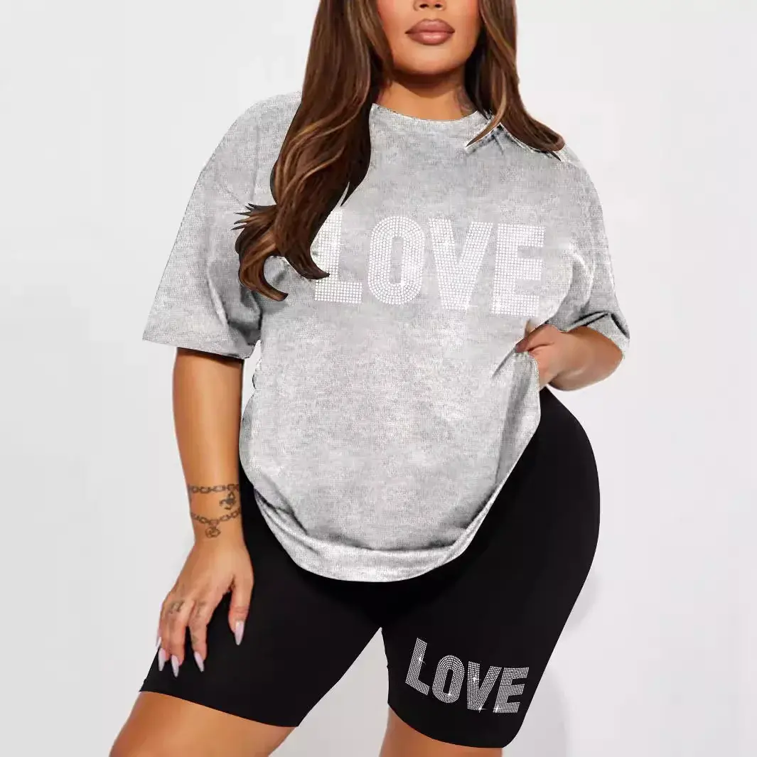 Plus Size Fashionable Love Print Short Sleeve Shorts Set Versatile Large Size Women's Clothing Set from Mainland China AE Sto...