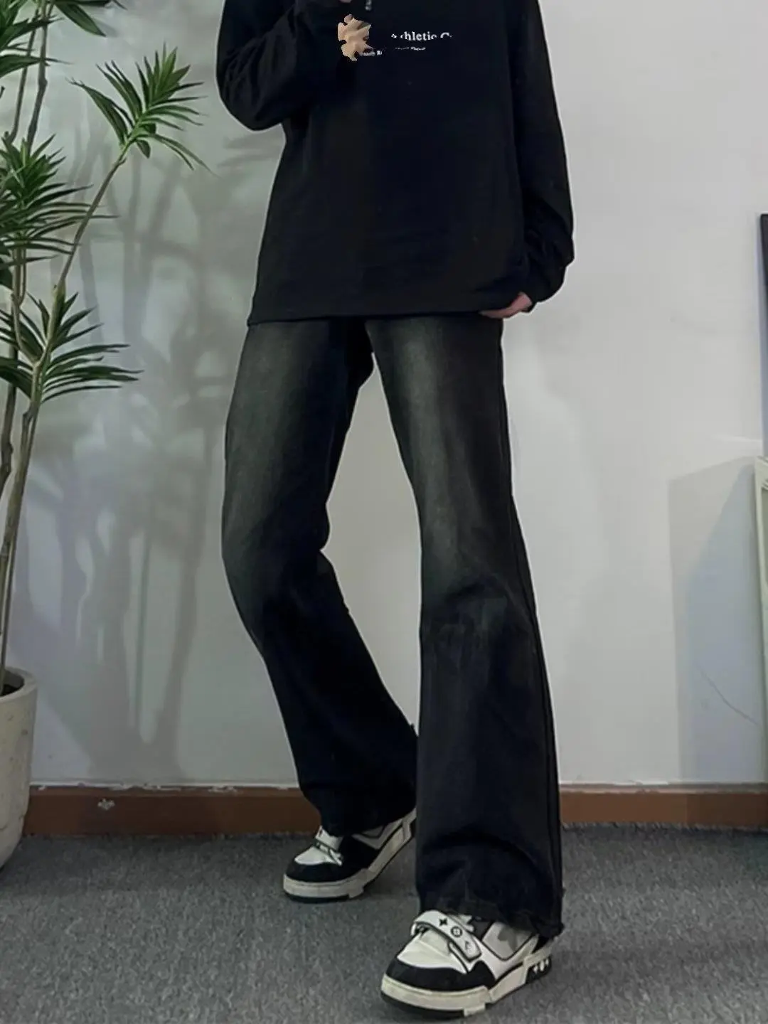 Black Gradient Straight-leg Micro-flared Jeans For Men Trendy Brand Hipster Pants American Style Street Vintage Vibetrousers