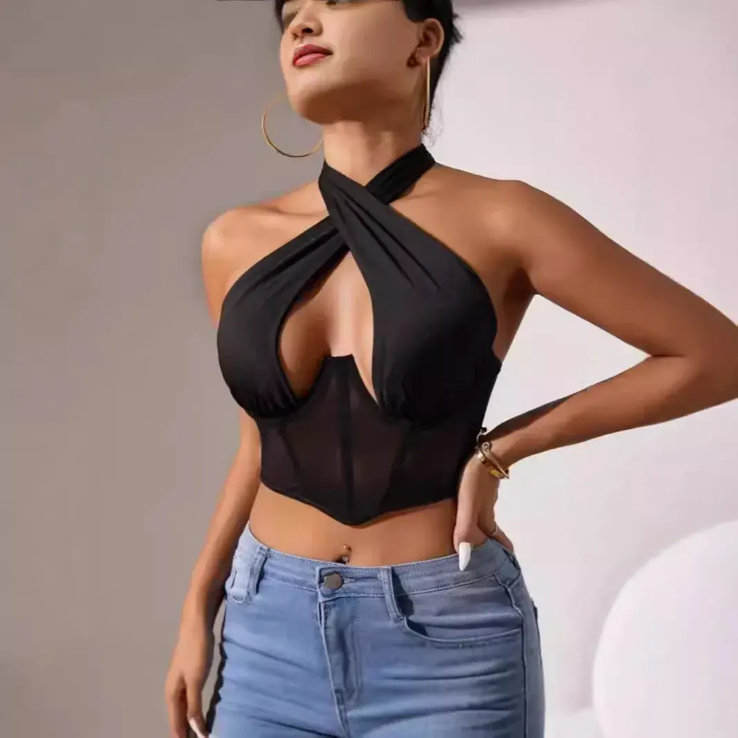 Sexy Fishbone Steel Ring Outerwear Small Tank Top Crossbody Strap Mesh Wrap Chest Beauty Hot Girl Wear Backless Vest