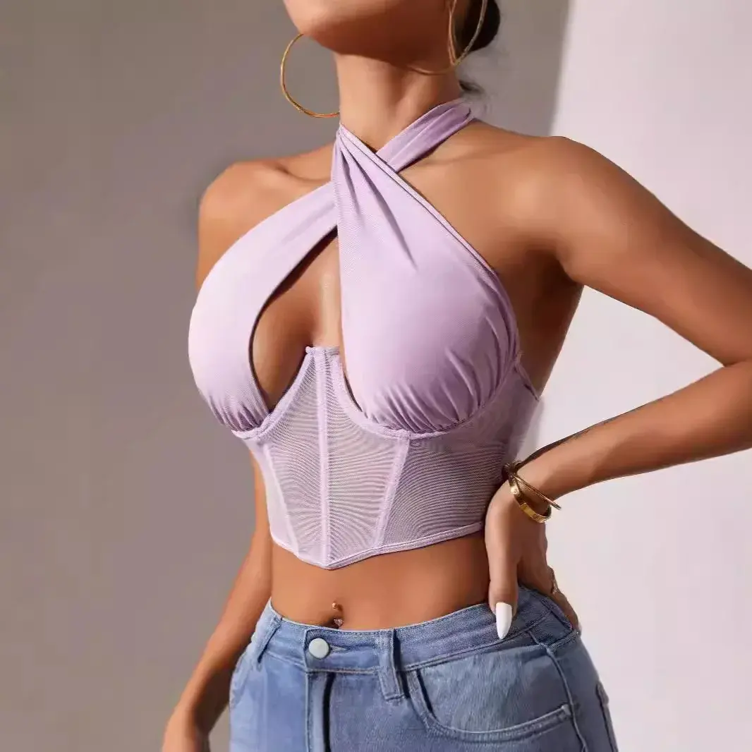 Sexy Fishbone Steel Ring Outerwear Small Tank Top Crossbody Strap Mesh Wrap Chest Beauty Hot Girl Wear Backless Vest
