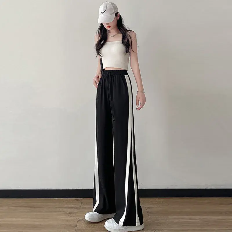 Black Ice Silk Extended Version Women's Wide Leg Pants Draping Summer Thin Straight High Waist Sports Casual Trousers