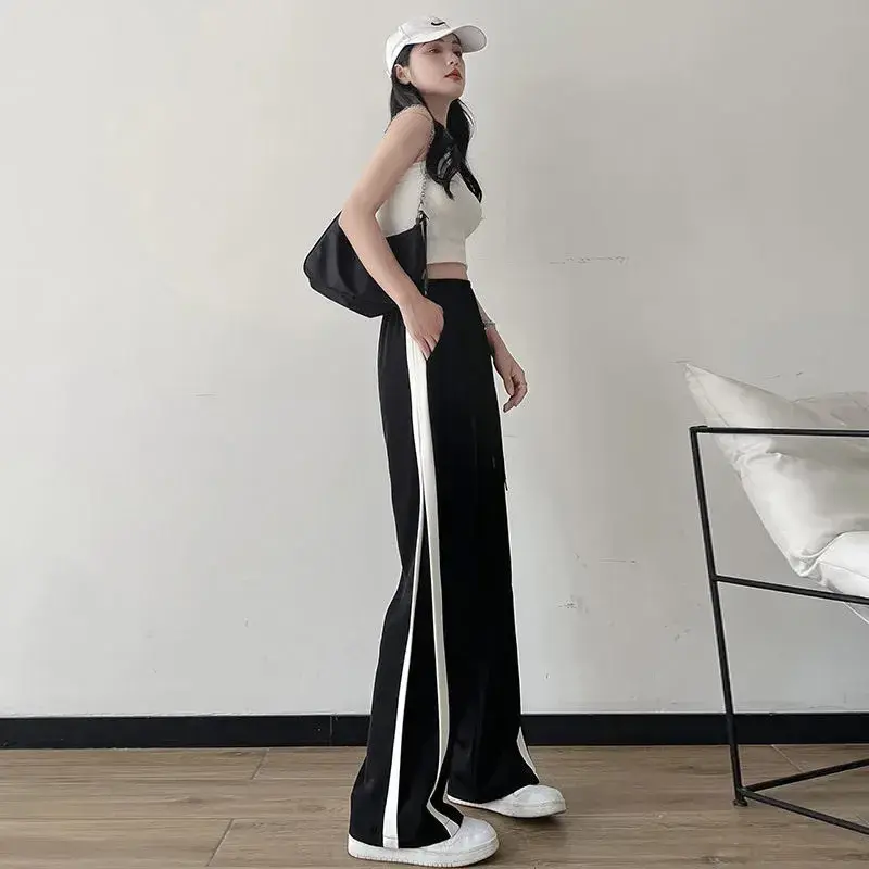 Black Ice Silk Extended Version Women's Wide Leg Pants Draping Summer Thin Straight High Waist Sports Casual Trousers