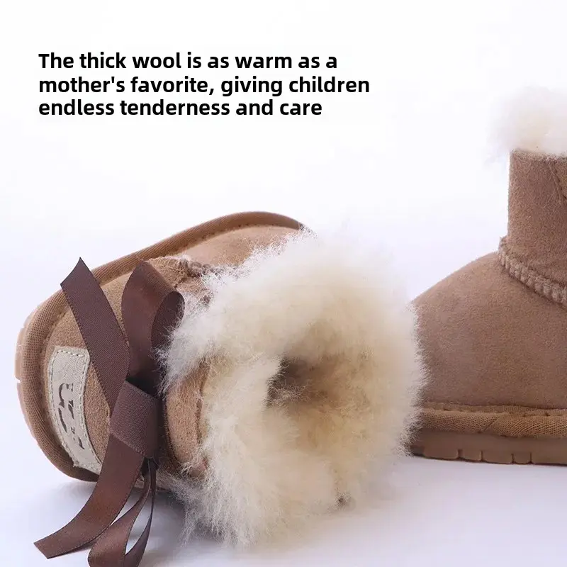 Kids Winter Thickened Warm Genuine Leather Snow Boots Women's Footwear One-Piece Lambskin Lined Bow Boots Wholesale