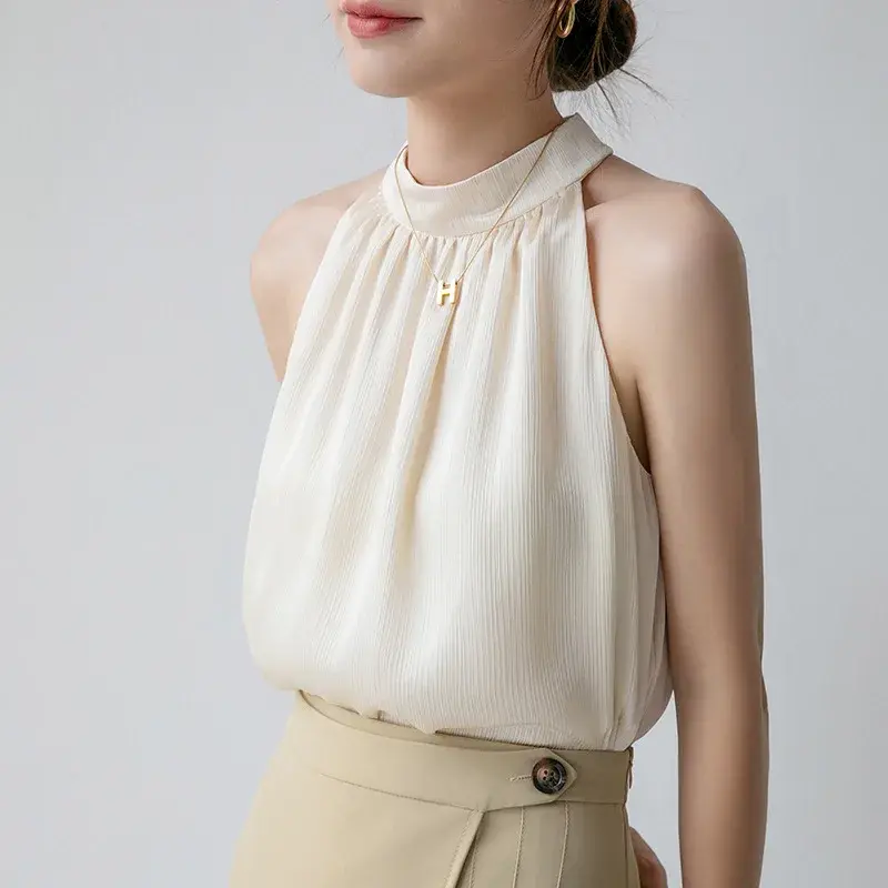 Elegant French Style Women's Summer Halter Neck Sleeveless Tank Top Sexy Slender Fit Open-Back Cracker Khaki Tank Top