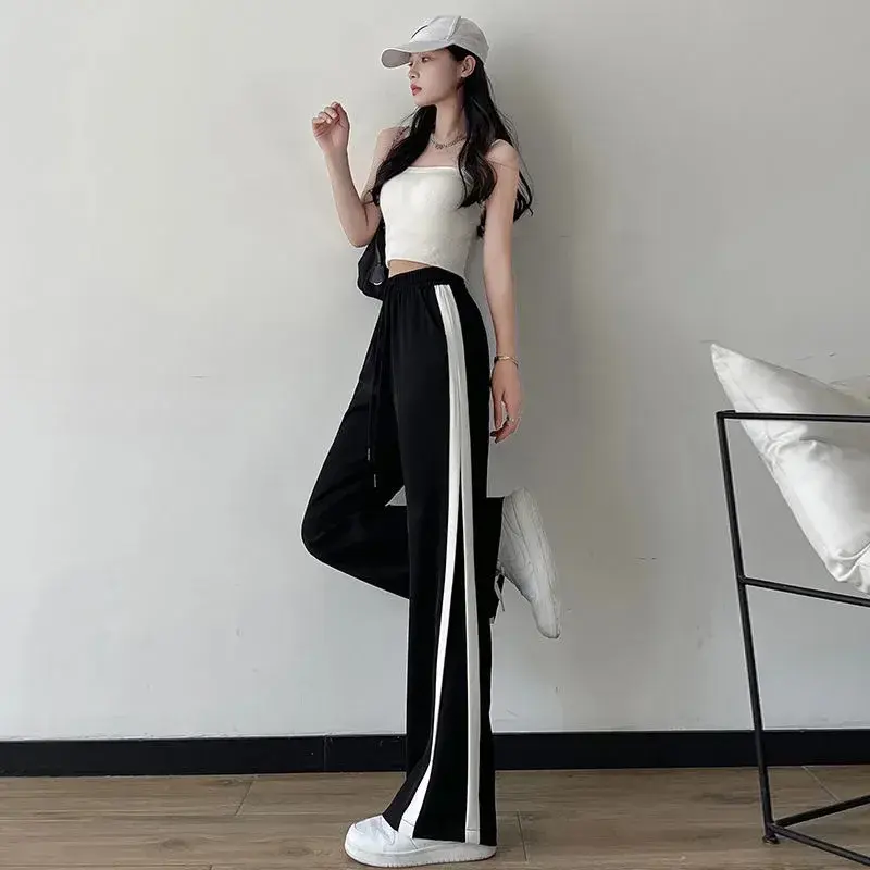 Black Ice Silk Extended Version Women's Wide Leg Pants Draping Summer Thin Straight High Waist Sports Casual Trousers