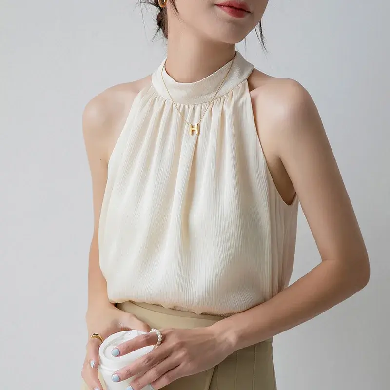 Elegant French Style Women's Summer Halter Neck Sleeveless Tank Top Sexy Slender Fit Open-Back Cracker Khaki Tank Top