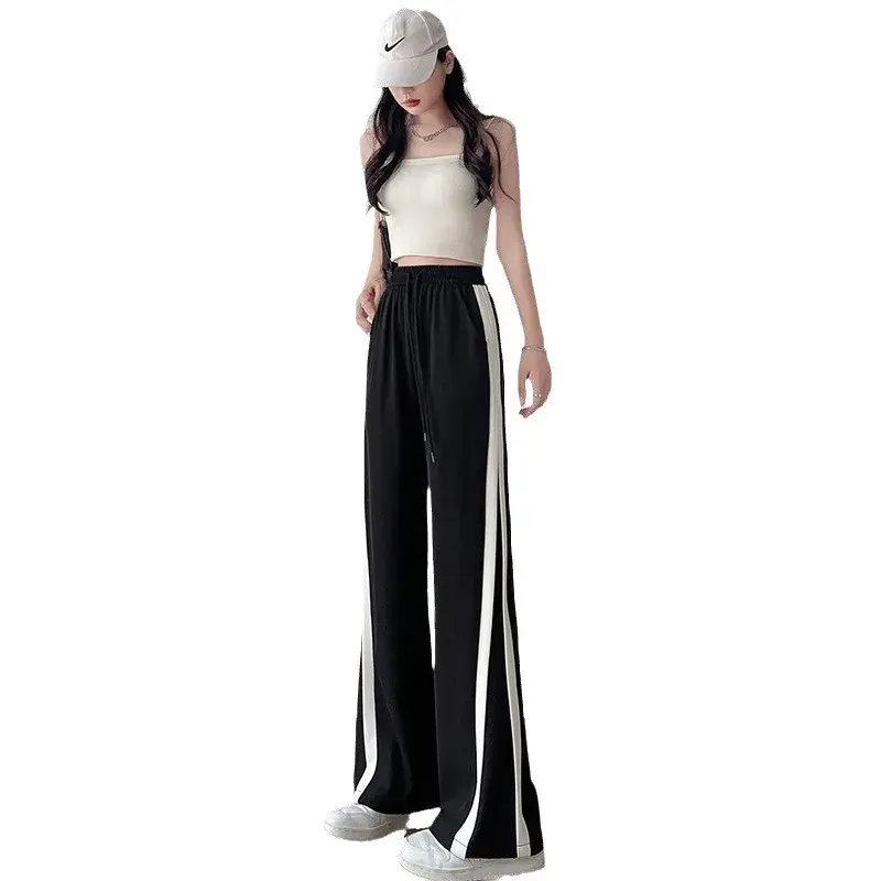 Black Ice Silk Extended Version Women's Wide Leg Pants Draping Summer Thin Straight High Waist Sports Casual Trousers