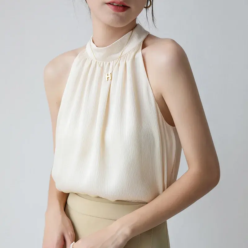 Elegant French Style Women's Summer Halter Neck Sleeveless Tank Top Sexy Slender Fit Open-Back Cracker Khaki Tank Top