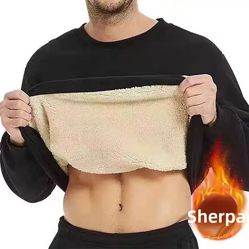 Autumn Winter Fleece-Lined Thickened Men's Sweatshirt Wool Round Neck Black Base Lose-Fit Warm Bra Men's Top