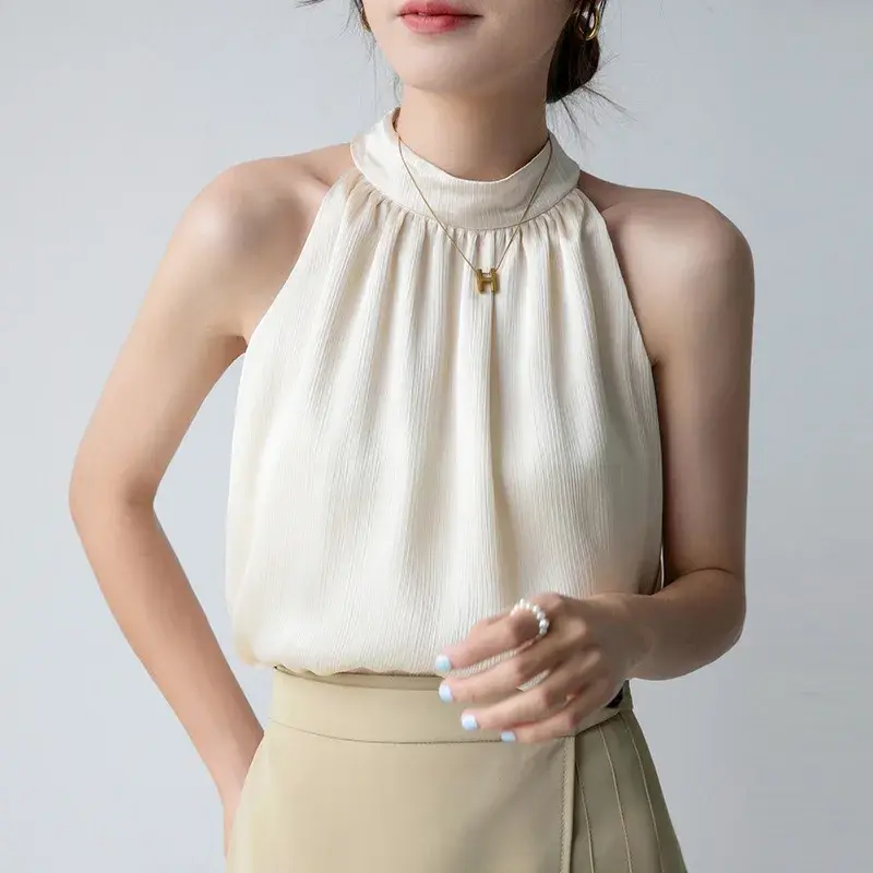 Elegant French Style Women's Summer Halter Neck Sleeveless Tank Top Sexy Slender Fit Open-Back Cracker Khaki Tank Top