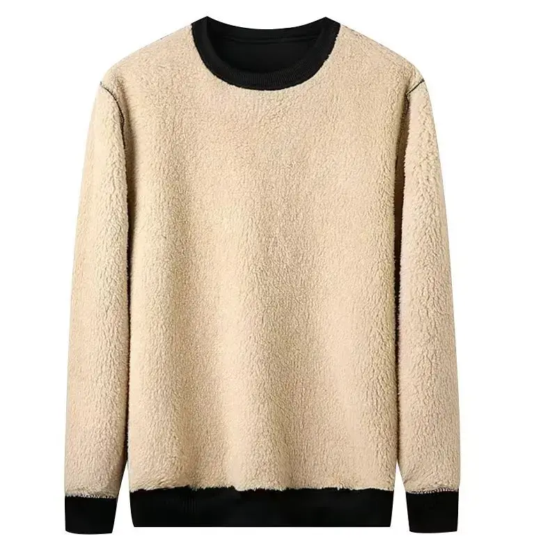 Autumn Winter Fleece-Lined Thickened Men's Sweatshirt Wool Round Neck Black Base Lose-Fit Warm Bra Men's Top