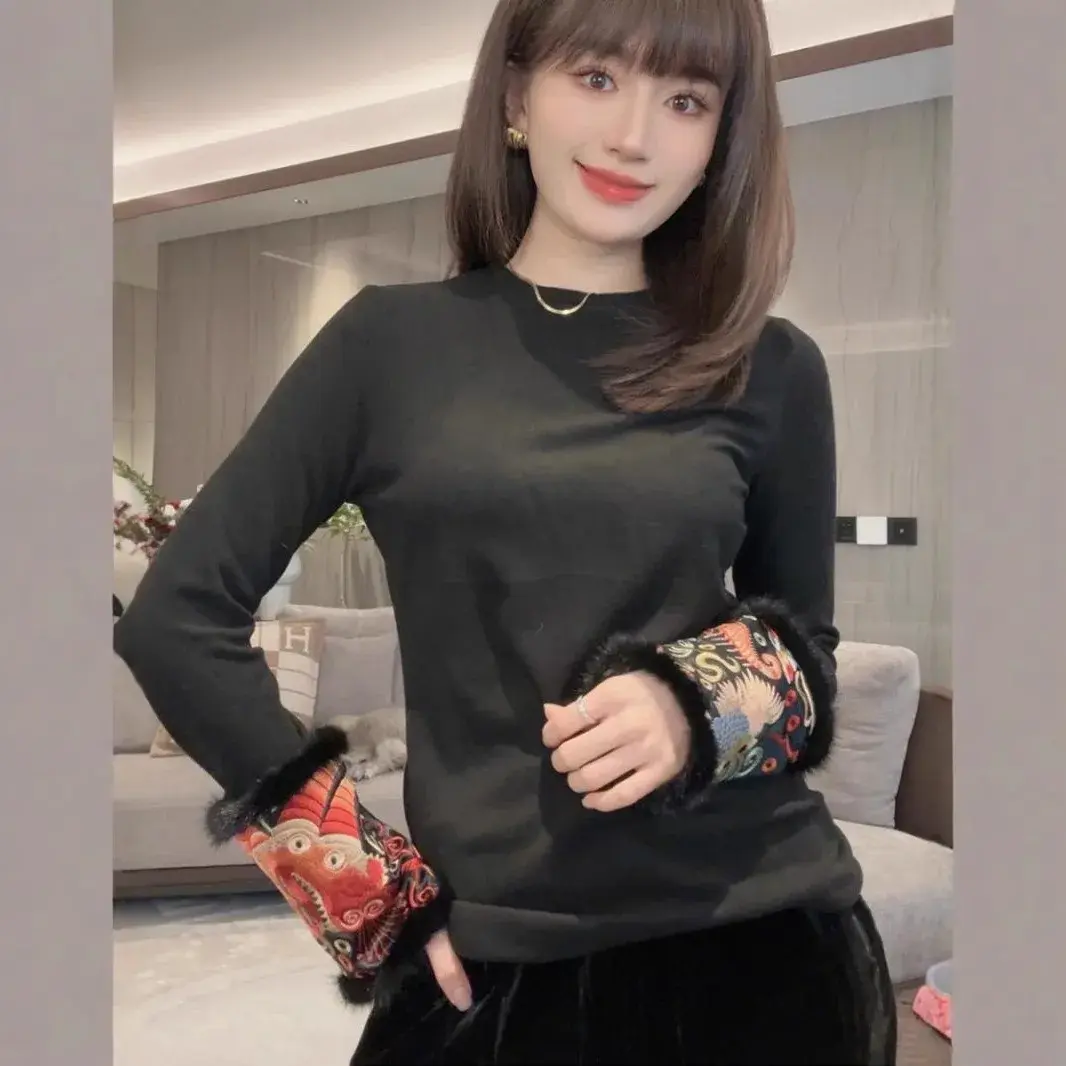 New Chinese Style National Trend Base Shirt Fashionable Design Cuff Splicing Embroidery Slimming Belly Covering T-Shirt