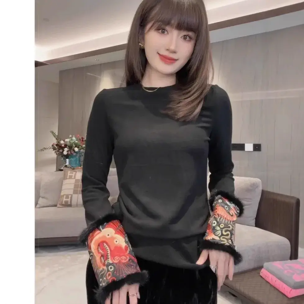 New Chinese Style National Trend Base Shirt Fashionable Design Cuff Splicing Embroidery Slimming Belly Covering T-Shirt