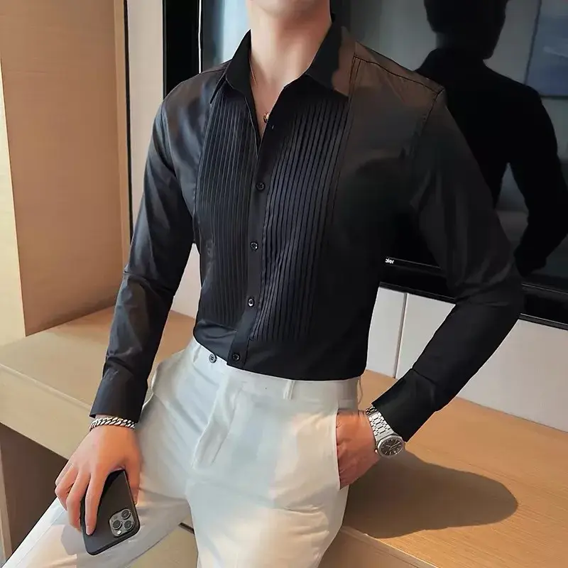 New Groom Men's Long Sleeve Shirt Fashionable Pleated Gown Trendy Slim Fit Smooths Silhouette For Wedding Dinner Performance