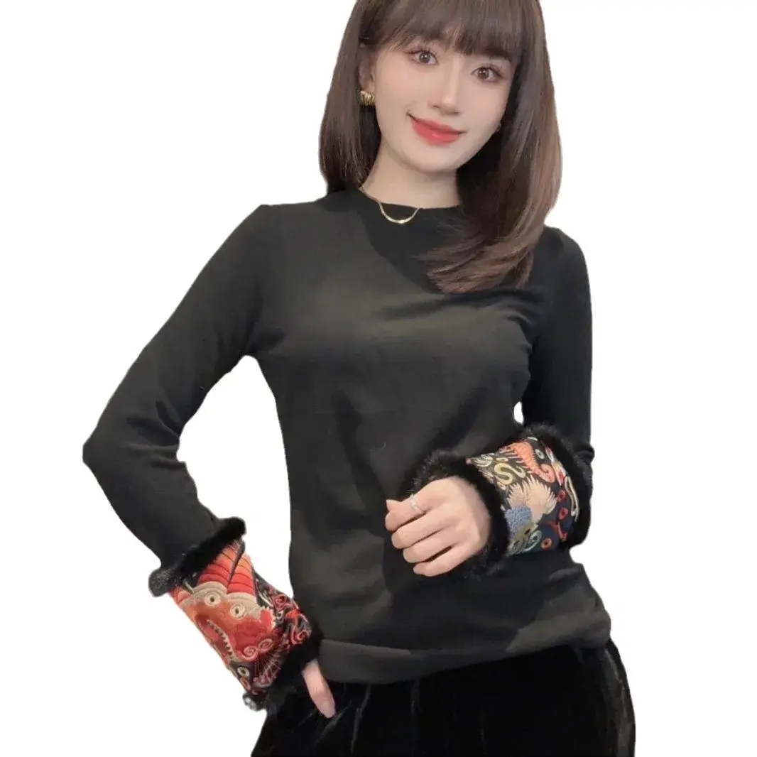 New Chinese Style National Trend Base Shirt Fashionable Design Cuff Splicing Embroidery Slimming Belly Covering T-Shirt
