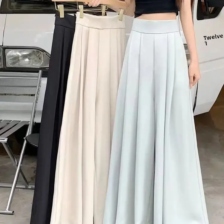 High Waist Wide Leg Pants Skirt Women's Spring Summer Thin Pleated Suit Pants Drapey Slimming Casual Style Trendy